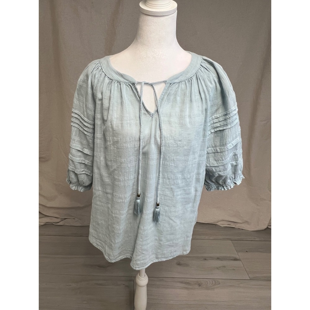 Cottagecore Peasant Top Light Blue 3/4 Ruffle Sleeve Sz L Boho Coastal